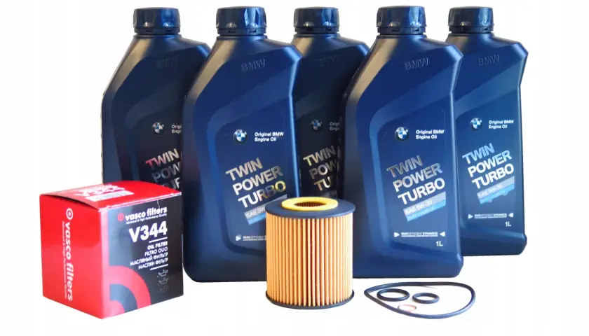 Butelki oleju silnikowego BMW Twin Power Turbo, filtr oleju Vasco Filters V344 i uszczelki.