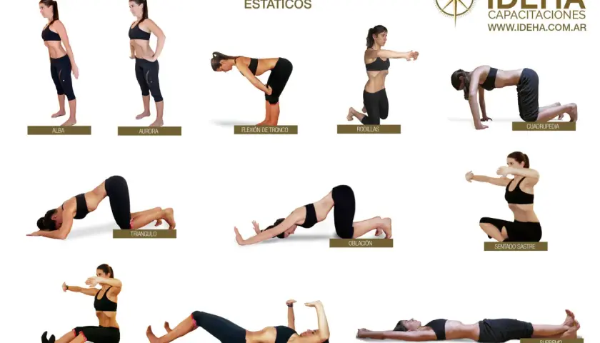 Secuencia de ejercicios hipopresivos estáticos para hacer en casa, mostrando diversas posturas como Alba, Aurora, Flexión de Tronco, Rodillas, Cuadrupedia, Triángulo, Oblación, Sentado Sastre, Sentado, Decúbito Supino y Supremo.