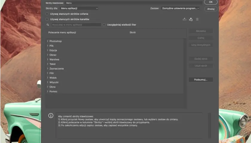 Okno dialogowe "Skróty klawiszowe i menu" w Photoshopie, gdzie można dostosować skróty klawiszowe.