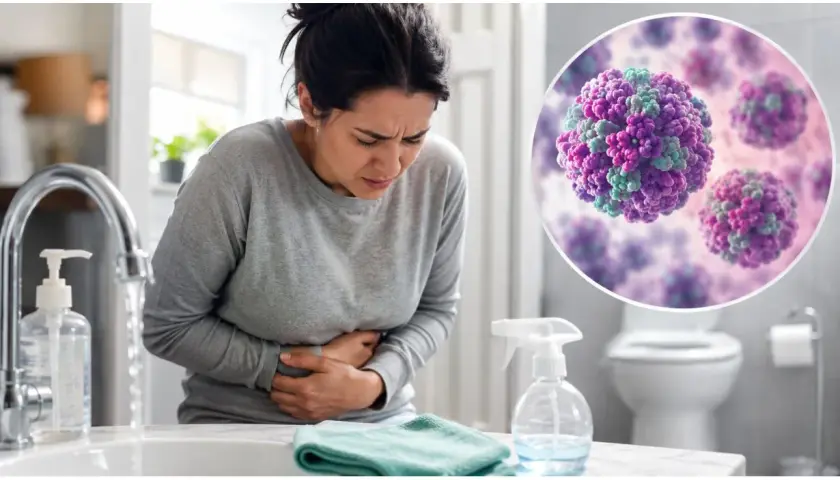 Donna con dolori addominali, immagine di virus e bagno. Quanto dura la gastroenterite?