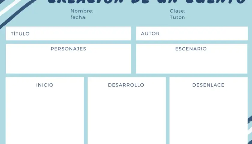 Plantilla cuento primaria para organizar ideas: título, personajes, escenario, inicio, desarrollo y desenlace.
