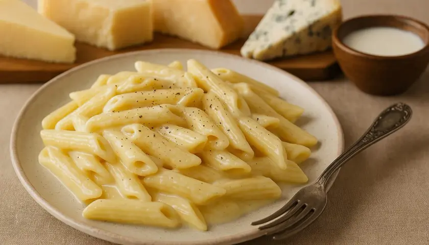 Penne w kremowym sosie serowym, posypane pieprzem. Obok kawałki parmezanu i lazura. Idealny sos serowy do makaronu.