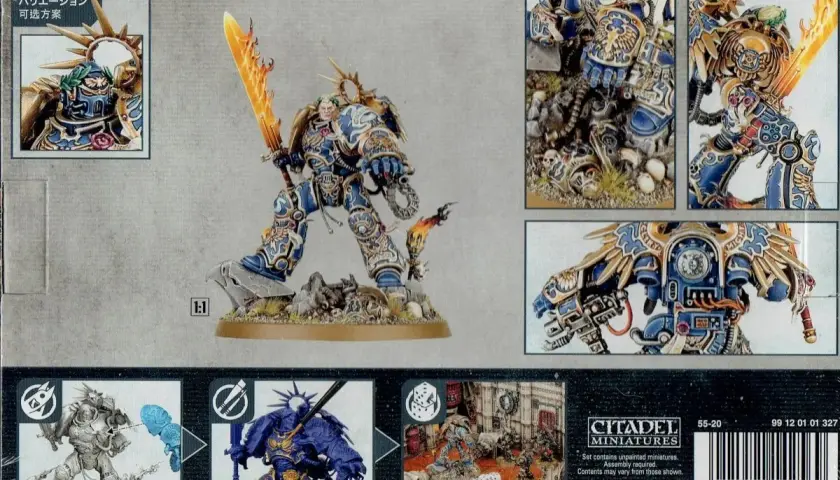 Roboute Guilliman w złotej zbroi z płonącym mieczem, gotowy do walki. Obok warianty malowania i sceny bitewne.