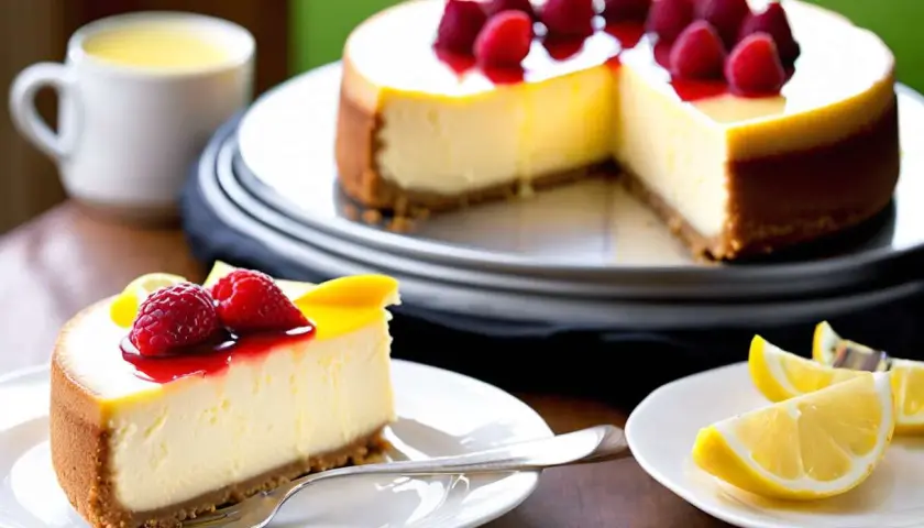 Une part de cheesecake crémeux, garnie de framboises et de coulis, parfaite pour une recette de cheesecake réussie.