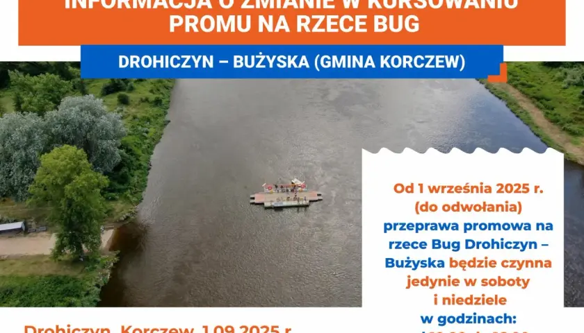 Przystań promowa Drohiczyn – Bużyska na rzece Bug. Prom kursuje w weekendy od 10:00 do 16:00.