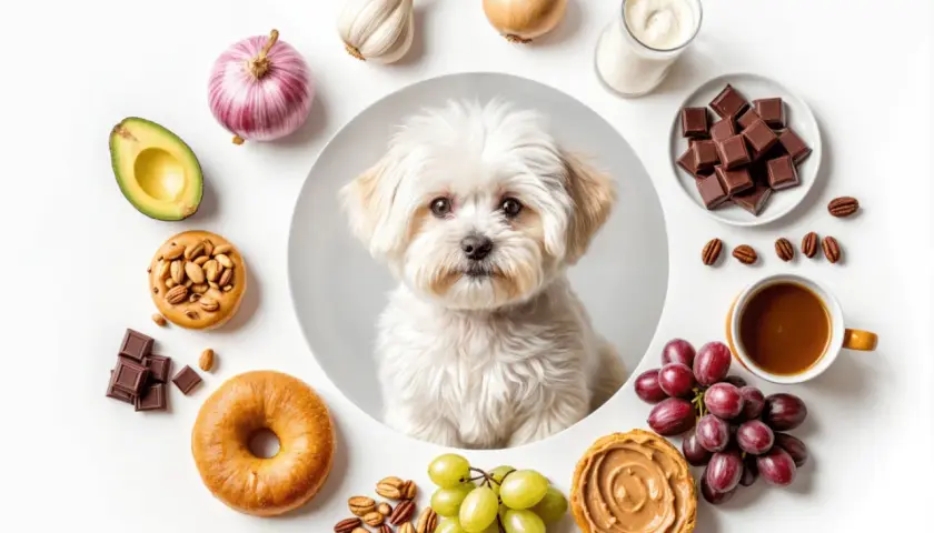 Bichón maltés adorable rodeado de alimentos prohibidos: chocolate, uvas, aguacate, ajo, cebolla, café, lácteos y frutos secos.
