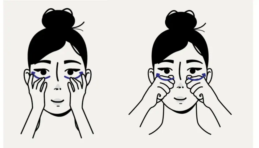 Illustration montrant comment se masser le visage, avec des flèches bleues indiquant les mouvements sous les yeux.