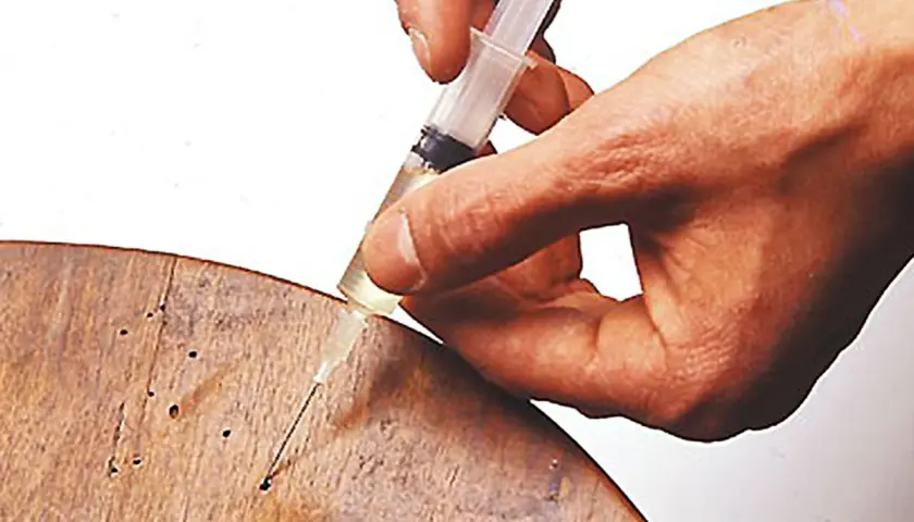 Mano inietta liquido da siringa in fori su legno, per eliminare tarli legno alcool.