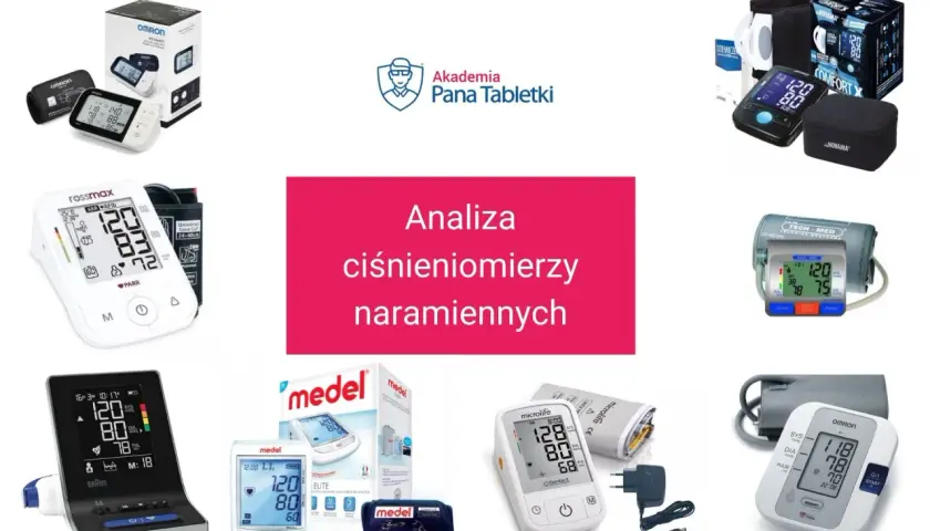 Kolaż zdjęć różnych ciśnieniomierzy naramiennych, w tym marek Omron, Rossmax, Medel, Braun, Tech-Med, Novama i Microlife.