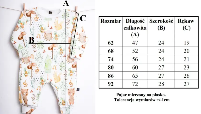 Tabela rozmiarów ubranek dziecięcych z wymiarami: długość całkowita (A), szerokość (B) i rękaw (C). Wymiary podane w cm.