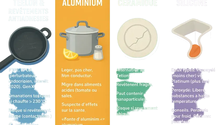 Comparaison des ustensiles : Téflon, Aluminium, Céramique, Silicone. Découvrez les meilleurs ustensiles de cuisine pour la santé et leurs risques.