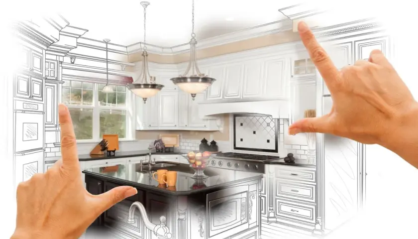 Mains d'un architecte encadrant une cuisine équipée, mêlant esquisse et rendu réaliste. La jurisprudence de la conception de cuisines sur mesure.