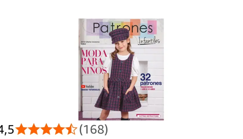 Niña sonriente con vestido de cuadros y gorra, portada de revista "Patrones Infantiles" con 32 plantillas para coser niños de 1 a 12 años.