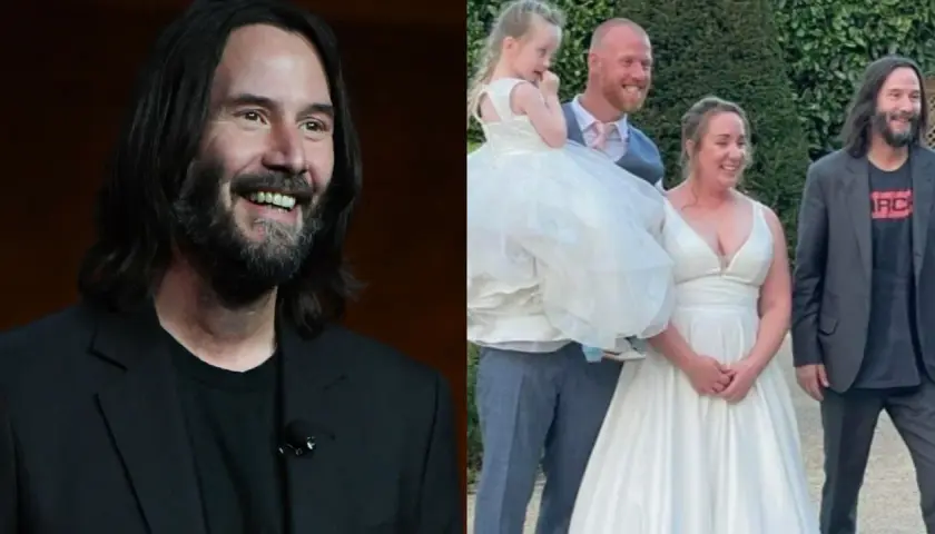 Keanu Reeves na ślubie, obok panny młodej i pana młodego z dzieckiem. Aktor wygląda na szczęśliwego, jakby poznał swoją przyszłą żonę.