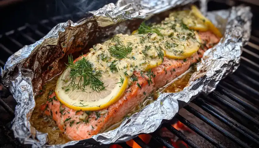 Lax i folie med citron och dill på grillen. Ångande och saftig, redo att serveras.