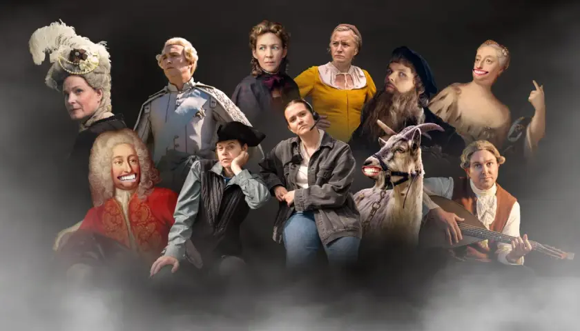 En brokig samling karaktärer i en kostymdrama serie, från en dam med fjäderprydd hatt till en man med luta och en get med ett leende.