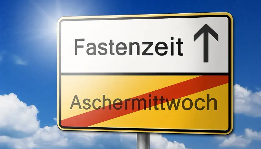 Wegweiser: Oben "Fastenzeit" mit Pfeil nach oben, unten "Aschermittwoch". Der Beginn der Fastenzeit ist erreicht.