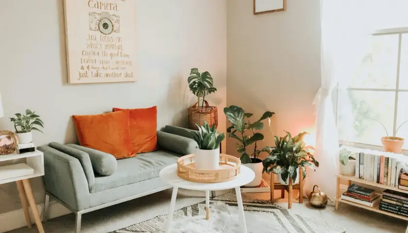 Gemütliches kleines Wohnzimmer skandinavisch einrichten mit grauem Sofa, orangefarbenen Kissen, Pflanzen und einem inspirierenden Bild.