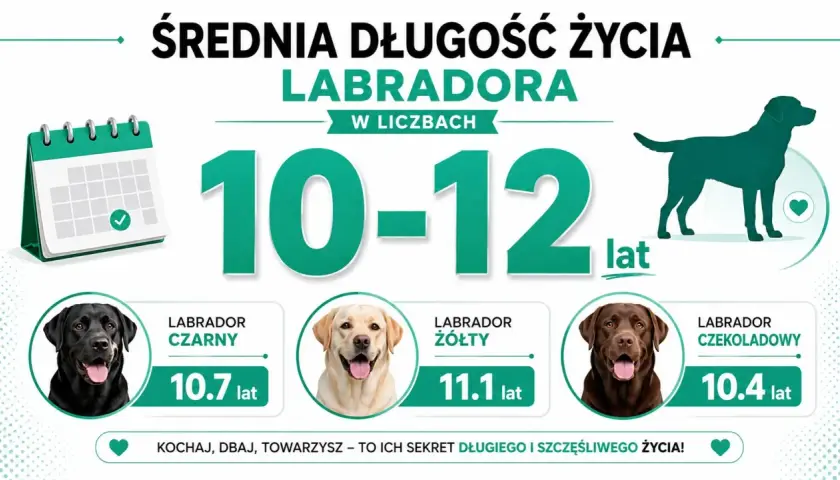 Średnia długość życia labradora to 10-12 lat. Czarny żyje 10.7, żółty 11.1, a czekoladowy 10.4 lat.