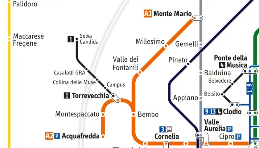 Mappa metro Roma: linea A, con fermate Valle Aurelia, Cornelia, Ottaviano e Termini.