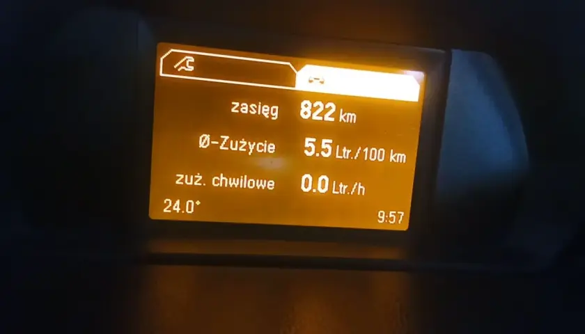 Opel Meriva 1.6 benzyna: zasięg 822 km, średnie spalanie 5.5 L/100km, temperatura 24°C.