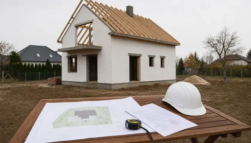 Plany i biały kask budowlany na stole przed domkiem na zgłoszenie w stanie surowym.