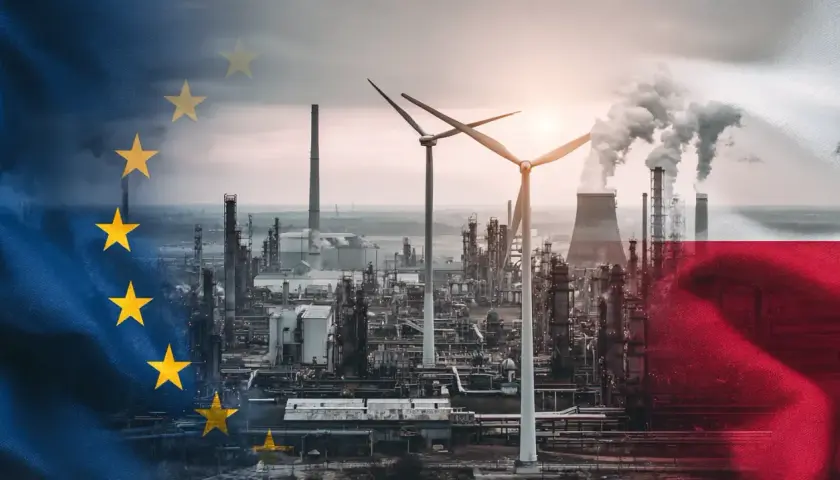 Prawda o nowym podatku węglowym CBAM od 2026: przemysł, wiatraki i flagi UE i Polski.