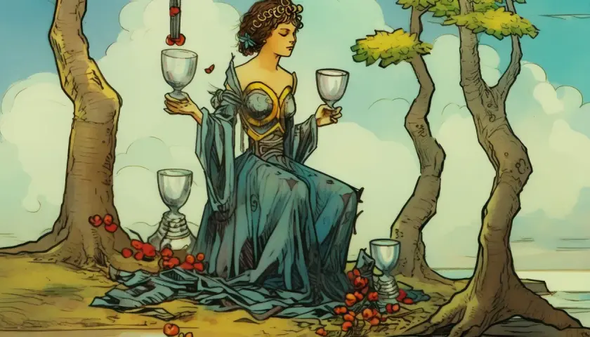 Kobieta w niebieskiej sukni trzyma kielichy, symbolizując 8 pucharów tarot. Otaczają ją drzewa i czerwone owoce.