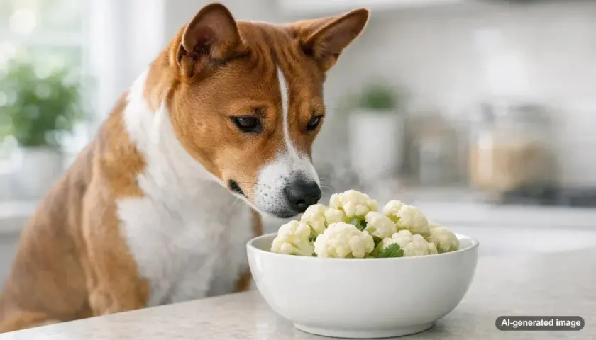 A curious dog sniffs a bowl of cauliflower, wondering if dogs can eat cauliflower.