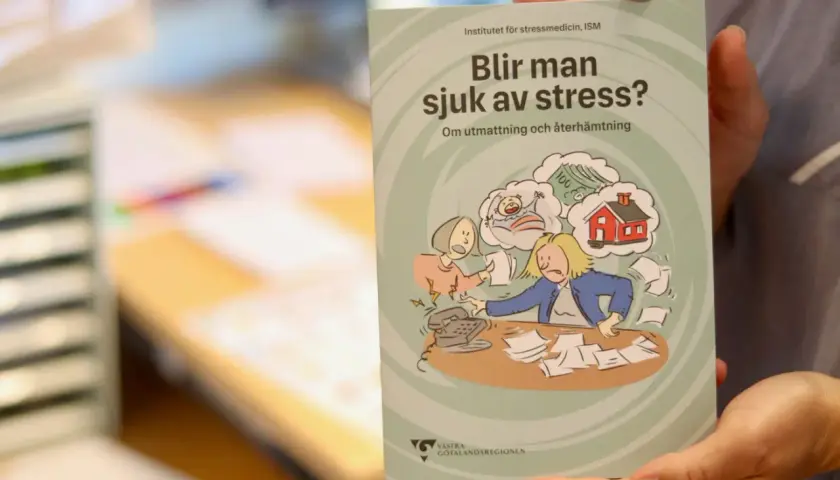 En bok om att bli sjuk av stress och hur livet efter utmattningssyndrom kan se ut. Illustrationen visar en person överväldigad av tankar på barn, hus och pengar.