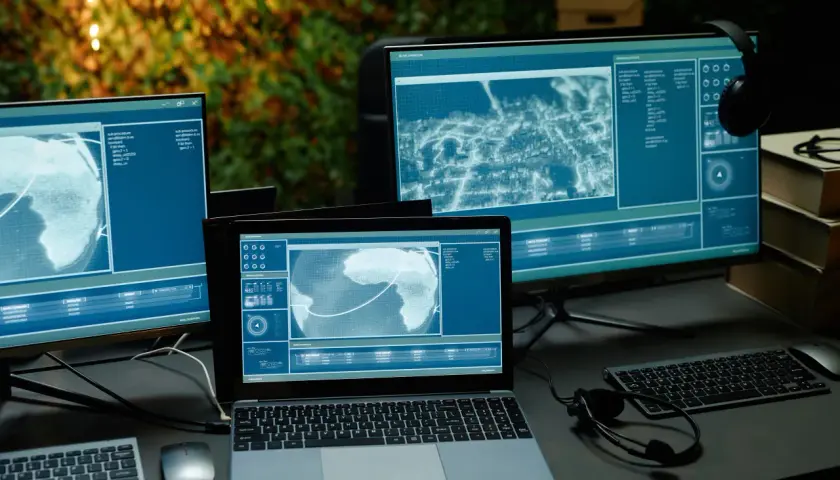 Kilka monitorów i laptop wyświetlających dane i mapy w niebieskich barwach.