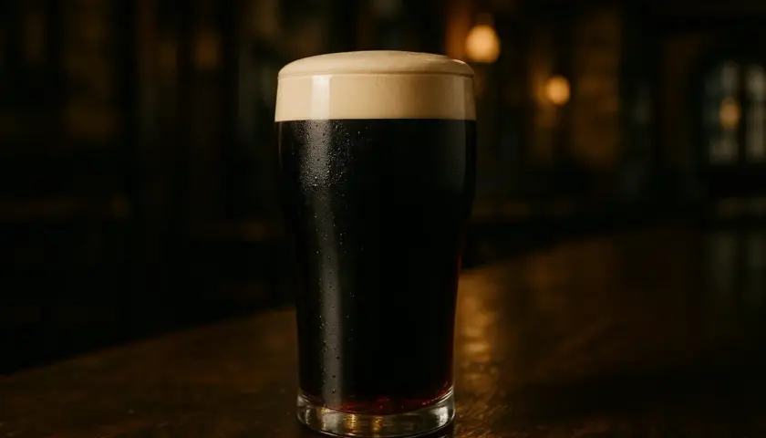 Un verre de bière irlandaise sombre avec une mousse crémeuse, posé sur un comptoir en bois.