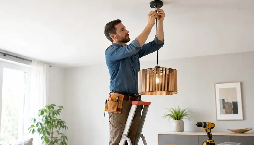 Uomo su scala effettua il montaggio lampadario a sospensione in legno. Attrezzi a portata di mano per un lavoro perfetto.