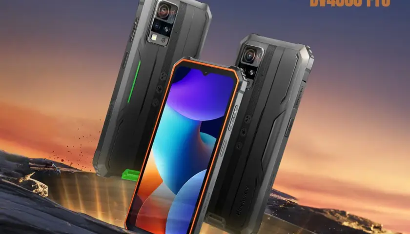 Dwa wytrzymałe telefony Blackview BV4800 Pro na tle zachodzącego słońca. Firma Blackview słynie z produkcji solidnych smartfonów.