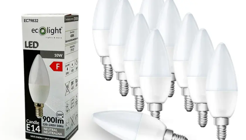 Zestaw żarówek LED typu świeca z małym gwintem E14. Opakowanie zawiera 10 sztuk, każda o mocy 10W.