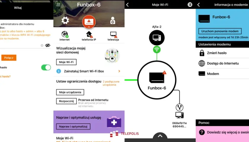 Aplikacja Orange pokazuje jak zmienic haslo do wifi w Funbox-6. Widzimy opcje "Zmień hasło" i "Ustawienia modemu".