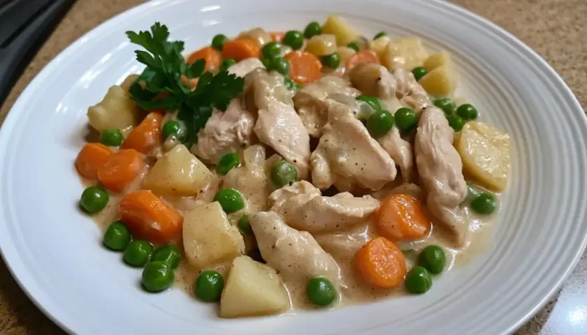 Délicieux accompagnement blanquette de poulet avec des morceaux de poulet, des carottes, des pommes de terre et des petits pois dans une sauce crémeuse.