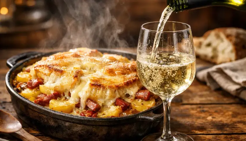 Un verre de vin blanc pétillant est versé à côté d'une tartiflette fumante. La question "quoi boire avec une tartiflette" trouve ici une réponse parfaite.