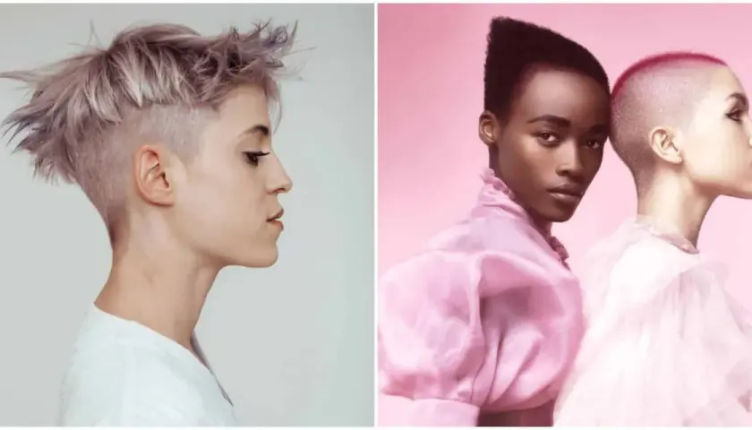 Dos mujeres con pelo rapado, una con un estilo despeinado y color lavanda, la otra con un corte pixie y tinte rosa vibrante.