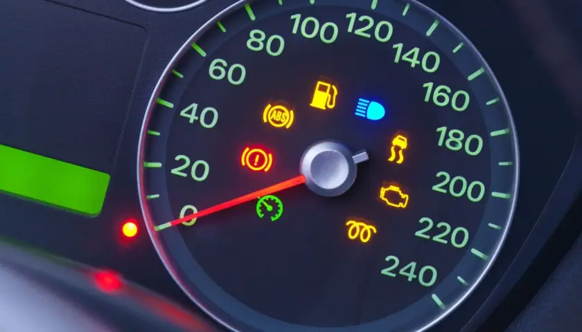 Cruscotto auto con spie accese: serbatoio, ABS, luci blu, controllo stabilità, motore e altre. L'ago del tachimetro indica una velocità bassa.