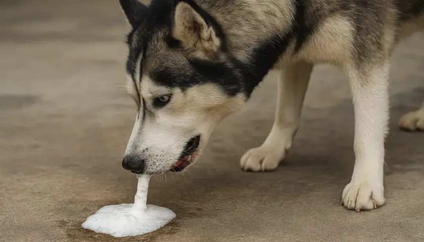 Husky pies wymiotuje pianą, która może wskazywać na problemy zdrowotne, np. pies wymiotuje krwią.