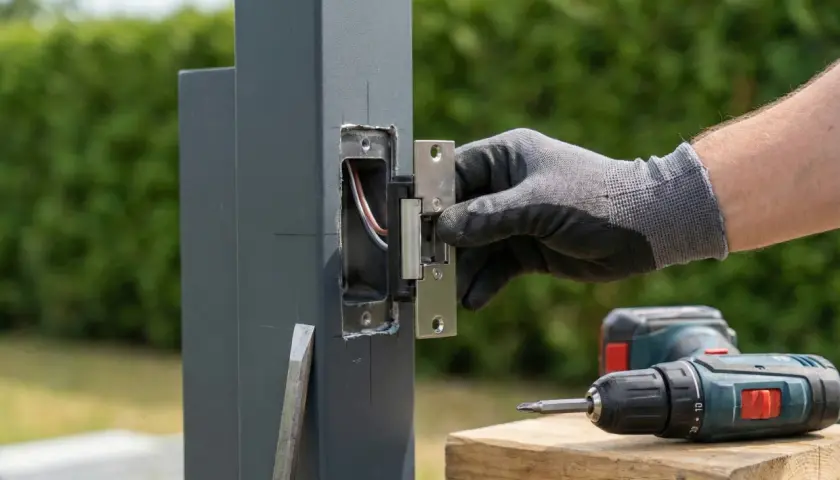 Montaż elektrozaczepu w słupku furtki. Ręka w rękawicy przykręca element zamka. Obok wiertarko-wkrętarka.