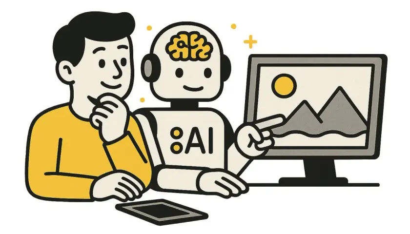 Człowiek zastanawia się, czy sztuczna inteligencja ma świadomość, gdy robot AI wskazuje na obraz na monitorze.