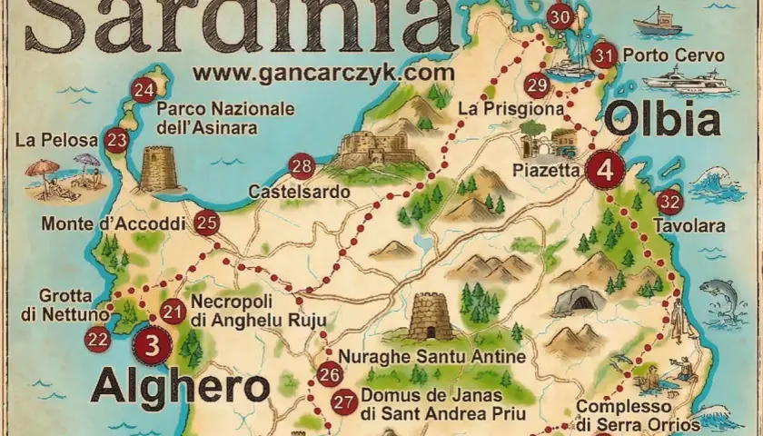 Mapa Sardynii z zaznaczonymi atrakcjami: Alghero, Porto Cervo, La Pelosa. Zobacz, co zobaczyć na Sardynii!