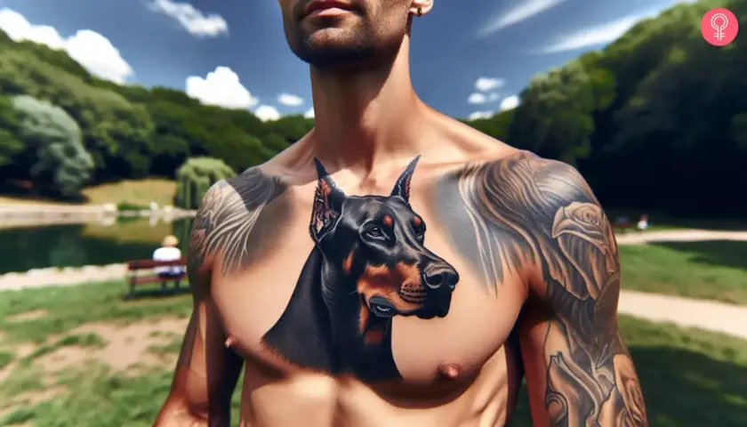 Imponujący tatuaż doberman na klatce piersiowej mężczyzny, otoczony tatuażami z różami. W tle park z jeziorem.