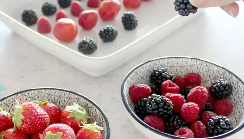 Frische Beeren, darunter Brombeeren, werden für das Einfrieren vorbereitet. Eine Hand hält eine Brombeere.