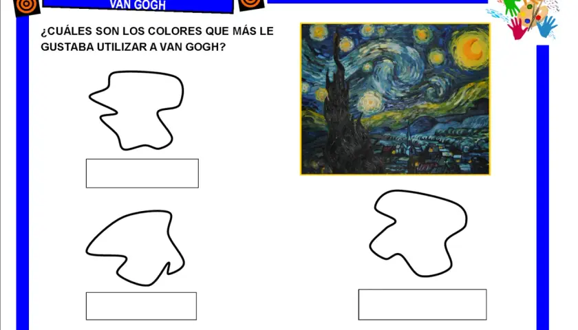 Actividades de Van Gogh para niños. Explora los colores favoritos del artista con esta hoja de trabajo.