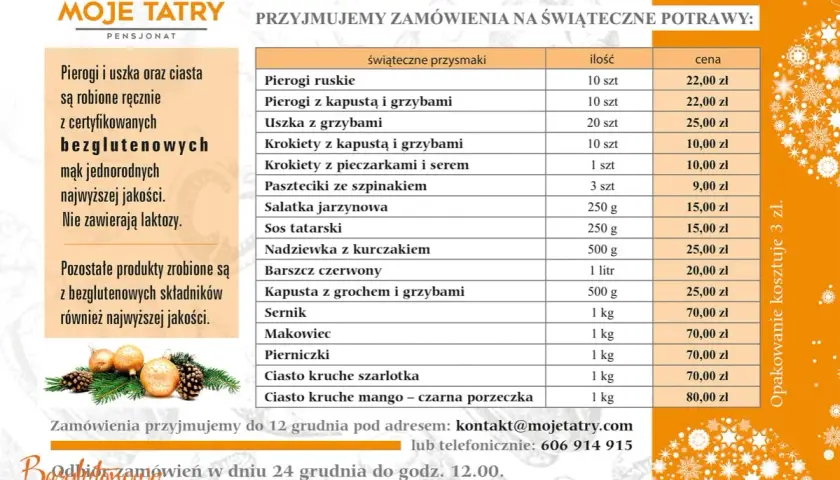 Menu wigilijne catering od Moje Tatry: pierogi, uszka, ciasta i inne świąteczne przysmaki. Zamówienia do 12 grudnia.
