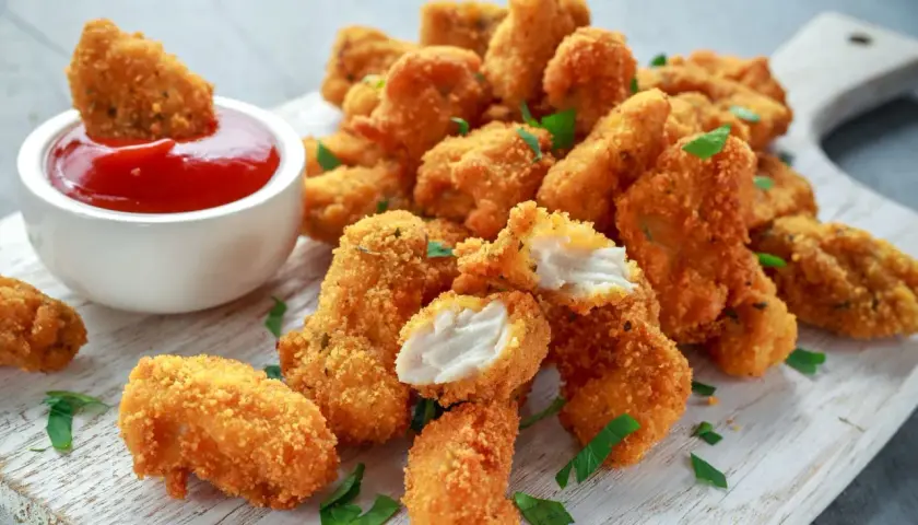 Chrupiący kurczak w panko, jeden kawałek maczany w keczupie, na desce z ziołami.