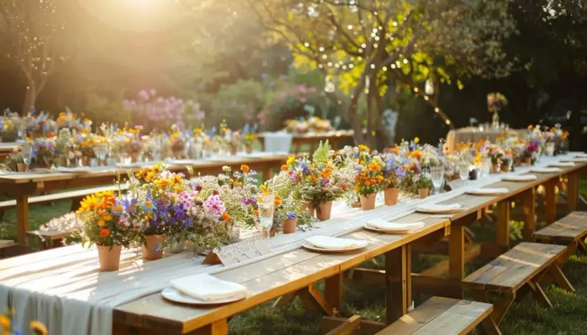 Long tables dressées en extérieur, ornées de bouquets de fleurs sauvages colorées, prêtes pour un repas mariage bonne franquette sous le soleil.